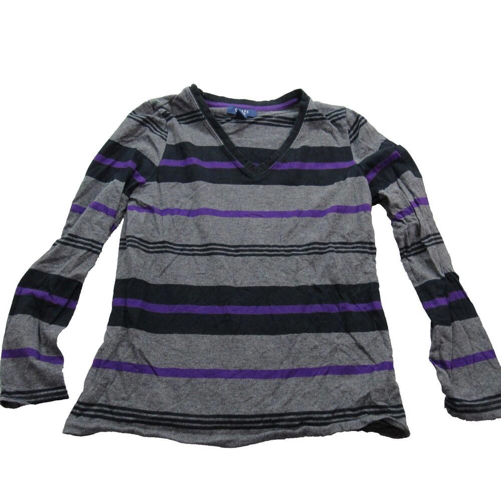 Chaps Sweater Womens Large Gray Black Purple Striped V Neck Pullover Long Sleeve